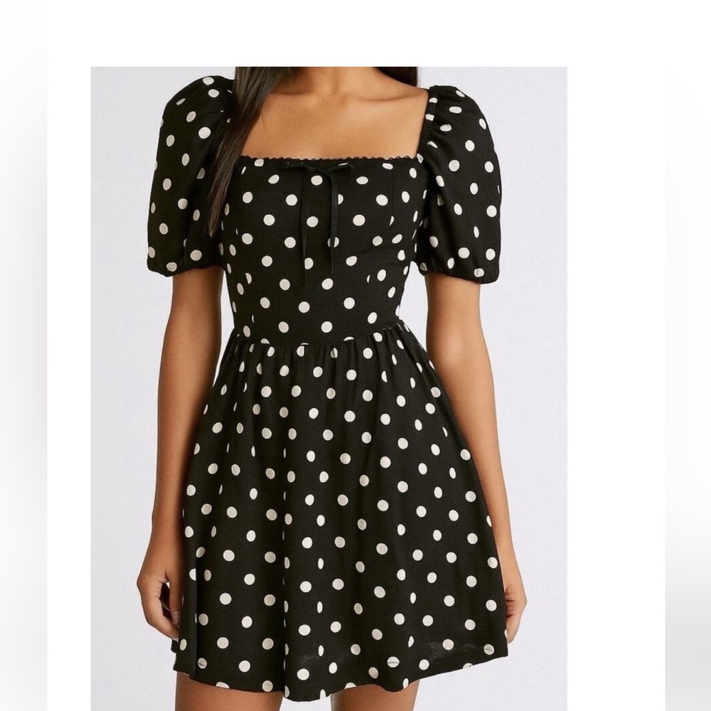 Camila Coelho Black and White Polka Dot Puffy Sleeve Linen Blend Dress Size X S